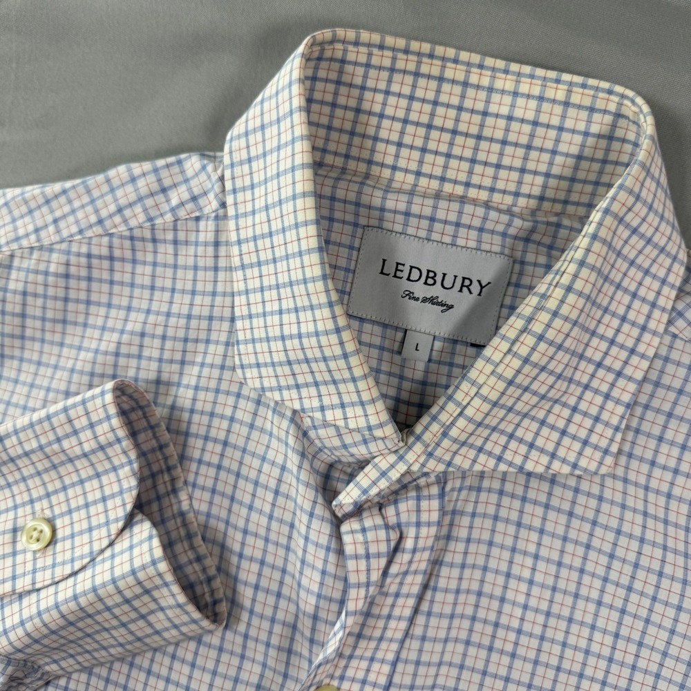 Ledbury Mens L Fine Shirting White Tattersall Check Spread Collar Shirt Office
